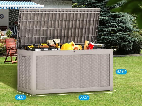 267 Gallon Deck Box Large Outdoor Storage for Patio Furniture,Outdoor Cushions,Garden Tools and Pool Supplies,Waterproof,Resin,Lockable(Grey Rattan)-CasaMuseHome