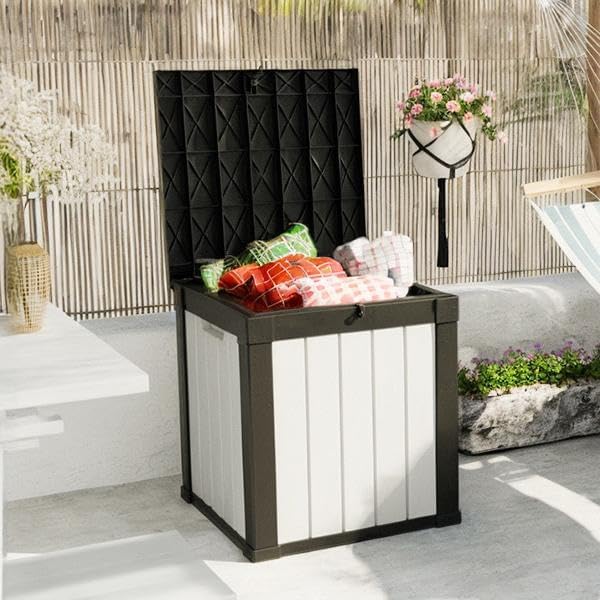50-Gallon Outdoor Deck Box,Storage Lockable Waterproof Patio Furniture,Garden Tools,Cushions,Pool Accessories Outside Storage Resin Box(Black and White)-CasaMuseHome