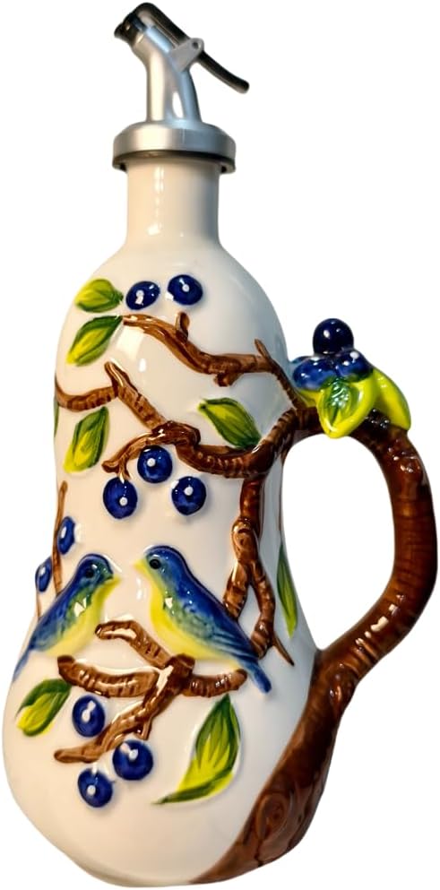 18 Oz Hand Painted Relief Ceramic Olive Oil Bottle Dispenser for Kitchen, Oil and Vinegar Bottle, Seasoning Bottle with Stainless Steel Nozzle, 540mL Oil Container with Handle for Cooking, Light Proof-CasaMuseHome