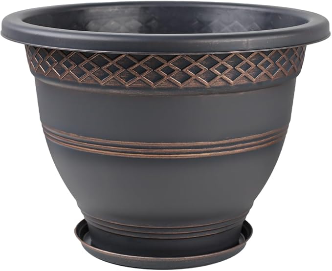 4 Pack 16 Inch Large Plant Pots, Plastic Flower Pot for Indoor & Outdoor with Drainage Holes & Saucer, Plaid Pattern Planters Garden Pots for Herbs-CasaMuseHome