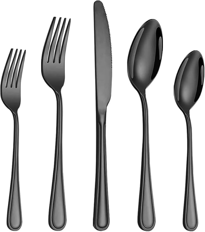 40 Pcs Black Silverware Set for 8 with Simple Striped Handle Design, Food Grade Stainless Steel Flatware Set, Eating Utensils Sets Include Fork/Knife/Spoon, Cutlery Set, Dishwasher Safe-CasaMuseHome