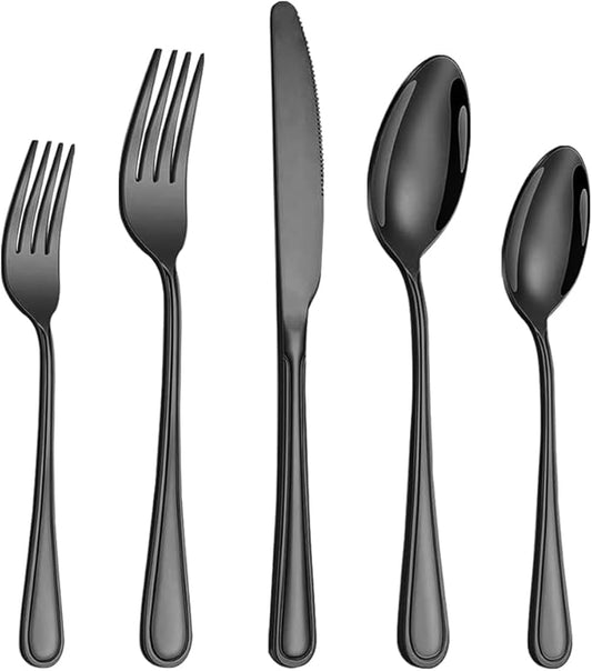40 Pcs Black Silverware Set for 8 with Simple Striped Handle Design, Food Grade Stainless Steel Flatware Set, Eating Utensils Sets Include Fork/Knife/Spoon, Cutlery Set, Dishwasher Safe-CasaMuseHome