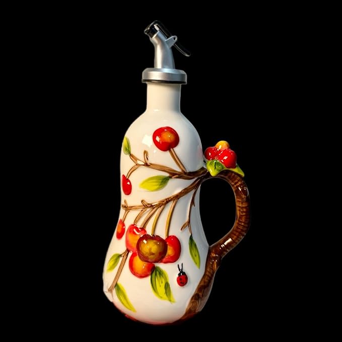 18 Oz Hand Painted Relief Ceramic Olive Oil Bottle Dispenser for Kitchen, Oil and Vinegar Bottle, Seasoning Bottle with Stainless Steel Nozzle, 540mL Oil Container with Handle for Cooking, Light Proof-CasaMuseHome