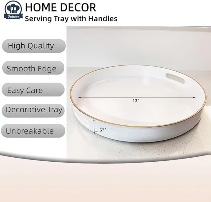 13" Round Decorative Tray, White Serving Tray with Handles, Plastic Coffee Table Tray for Ottoman, Living Room, Bathroom, Décor.-CasaMuseHome