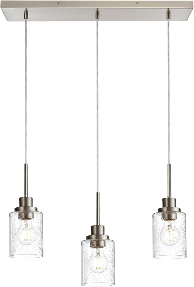 3-Light Farmhouse Chandelier Light Fixture Brushed Nickel Clear Seeded Glass Dining Room Hanging Modern Pendant Lighting Over Table,Traditional Ceiling Lights for Kitchen Island Entryway-CasaMuseHome