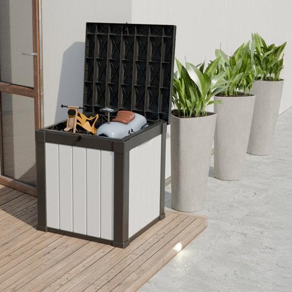 50-Gallon Outdoor Deck Box,Storage Lockable Waterproof Patio Furniture,Garden Tools,Cushions,Pool Accessories Outside Storage Resin Box(Black and White)-CasaMuseHome