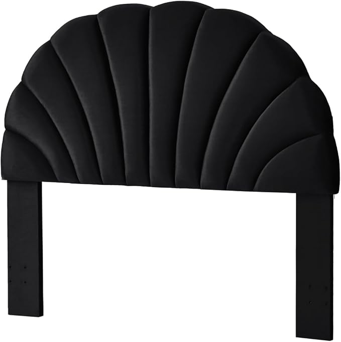 24KF Stunning Crown Design Queen Headboard, Upholstered Soft Velvet Petal Pattern Headboard Queen/Full-Black-CasaMuseHome