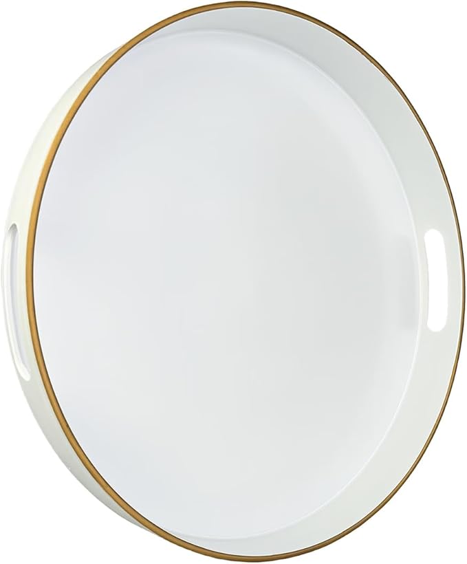 13" Round Decorative Tray, White Serving Tray with Handles, Plastic Coffee Table Tray for Ottoman, Living Room, Bathroom, Décor.-CasaMuseHome