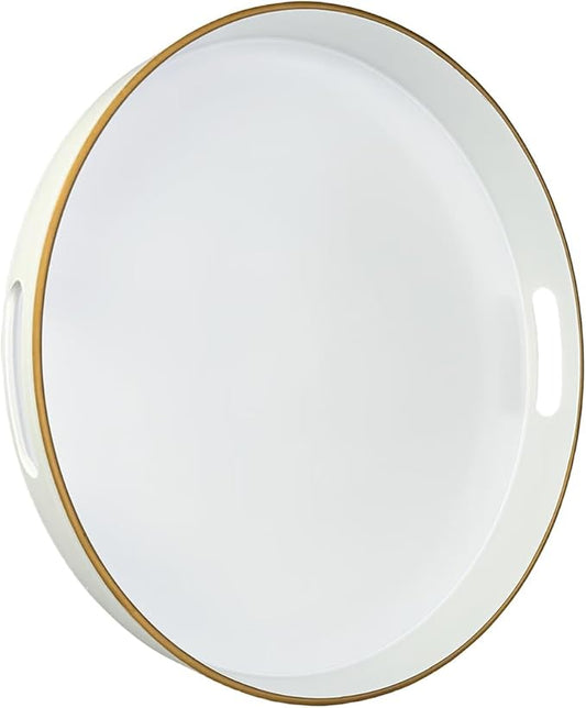 13" Round Decorative Tray, White Serving Tray with Handles, Plastic Coffee Table Tray for Ottoman, Living Room, Bathroom, Décor.-CasaMuseHome