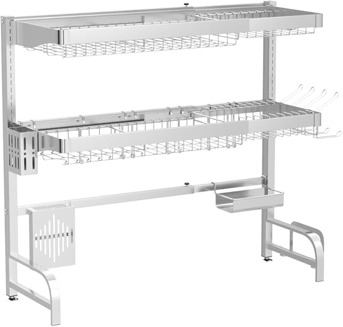3 Tier Extra Large Stainless Steel Expandable Over The Sink Dish Drainer Drying Rack, Rust Proof Metal, Space Saving, Modern Silver Big Capacity Extendable Plate Strainers Above Kitchen Counter-CasaMuseHome