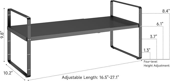 16.5~27.1" Expandable Shelf Organizer, 1Pack 10.2" Wide Stackable Cabinet Shelf Organizers, Black Metal Sturdy Kitchen Counter Storage for Countertop, Adjustable Height Spice Rack-CasaMuseHome