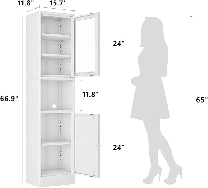67" Tall Bathroom Storage Cabinet, Narrow Metal Floor Cabinet with Glass Door and Adjustable Shelves, Freestanding Metal Locker for Laundry, Kitchen, Dining Room-CasaMuseHome