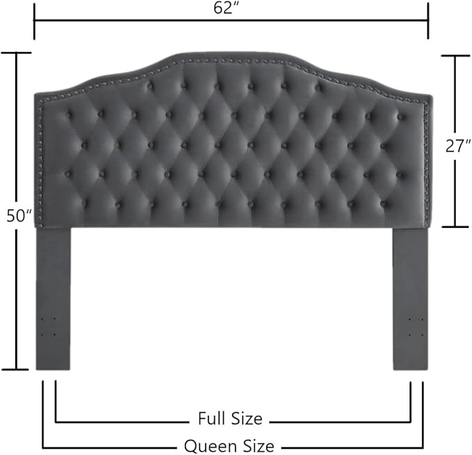 24KF Upholstered Button Tufted Queen/Full Size Headboard with Nailhead Trim, Soft Velvet Fabric - Dark Gray-CasaMuseHome