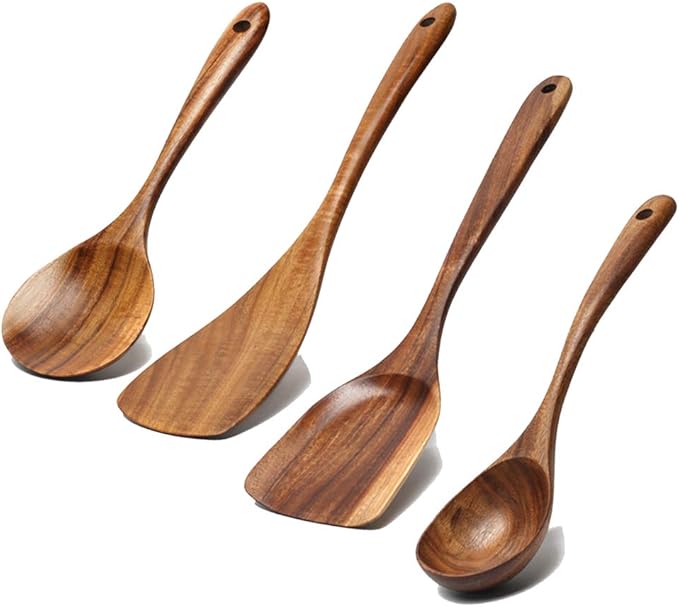 5 Pcs Best Wooden Spoons for Cooking Kitchen Utensils Set Acacia Wood Cooking Spatula Turner Non Toxic Utensil Slotted Serving Spoon Flat Spatulas Set Wooden Utensis Mixing Cooking Spoon Kitchen Tools-CasaMuseHome