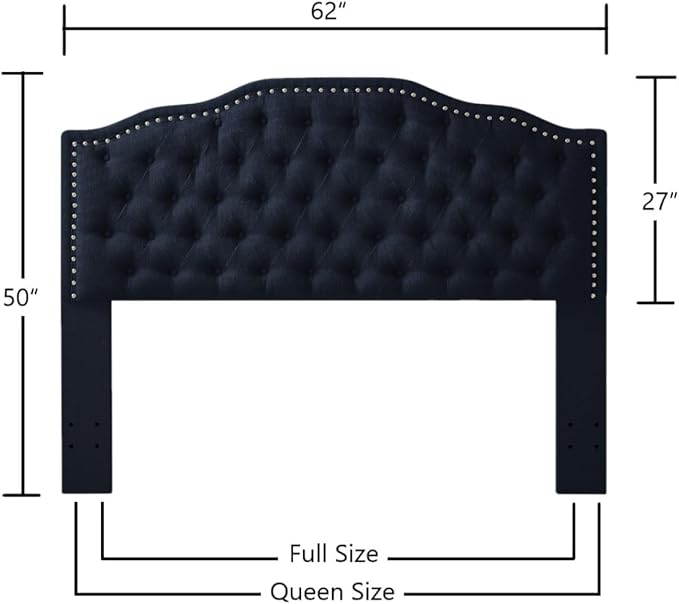 24KF Upholstered Button Tufted Queen Headboard with Nailhead Trim, Elegant Boucle Fabric Full headboard, 6031-Q-Boucle-Navy-CasaMuseHome