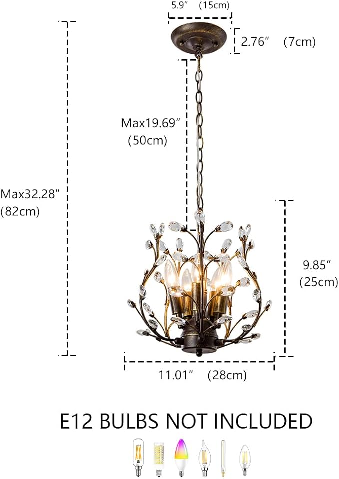 5-Light Vintage Crystal Branch Chandelier Farmhouse Hanging Pendant Light Fixtures for Living Room Dining Room Foyer Kitchen Island Hallway, Aged Bronze-CasaMuseHome