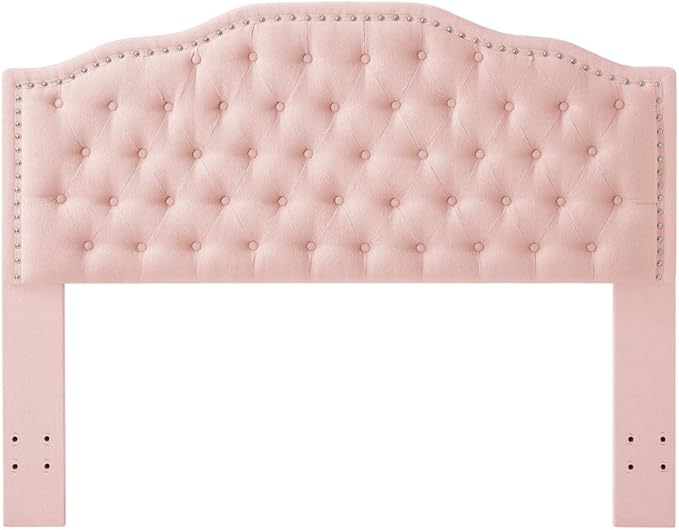 24KF Upholstered Button Tufted Queen Headboard with Nailhead Trim, Elegant Boucle Fabric Full headboard, 6031-Q-Boucle-Pink-CasaMuseHome