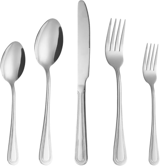 20 Pcs Silverware Set for 4 with Pearled Edge Handle design, Food Grade Stainless Steel Flatware Set, Eating Utensils Sets Include Fork/Knife/Spoon, Reusable Cutlery Set, Dishwasher Safe-CasaMuseHome