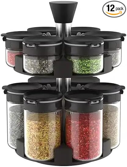 360 rotating 2 tier jars spice rack (6 small 6 large spice jars) Revolving Seasoning Organizer. Spinning Spice Rack for Counter top and Cabinet WITH Custom Label Stickers.-CasaMuseHome