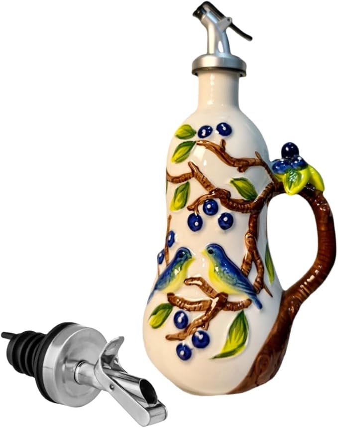 18.26oz/540ml Ceramics Olive Oil Dispenser Bottle,Hand Painted Reliefs Oil Dispenser for Kitchen,Oil Bottles for Kitchen (Blueberry)-CasaMuseHome