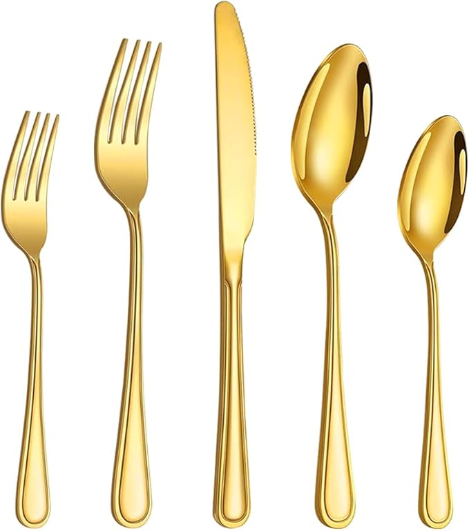 40 Pcs Gold Silverware Set for 8 with Simple Striped Handle Design, Food Grade Stainless Steel Flatware Set, Eating Utensils Sets Include Fork/Knife/Spoon, Cutlery Set, Dishwasher Safe-CasaMuseHome