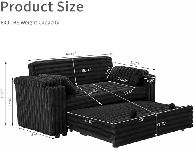 68.11" Corduroy Convertible Sofa Bed with USB Charging Port, Foldable Sleeper Chair with Pillows & Armrests, 3-in-1 Floor Couch for Living Room, Bedroom, Guest Room – Black-CasaMuseHome