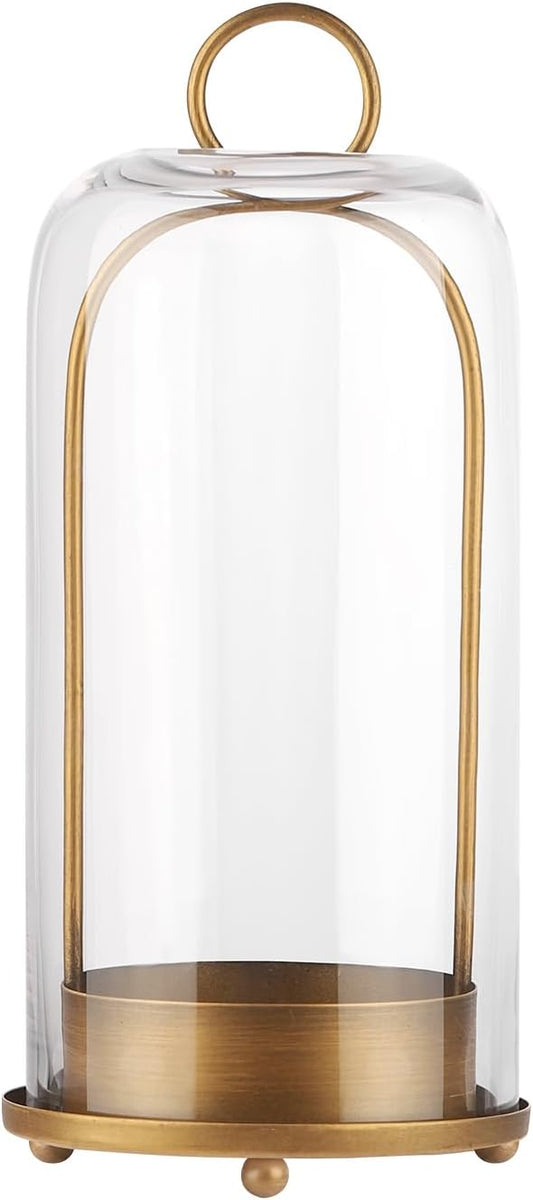 12" High Versatile Modern Metal Hurricane Lantern with Handmade Sturdy Glass Dome for 3" Pillar Candle & Plants (Brass, 5"x12")-CasaMuseHome