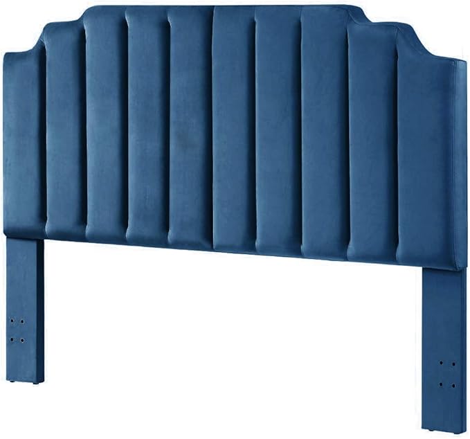 24KF Navy Blue Velvet Tufted King Upholstered Headboard, Modern Vertical Channel Design California King Headboard with Stepped Silhouette Top Edge, Navy Blue-CasaMuseHome