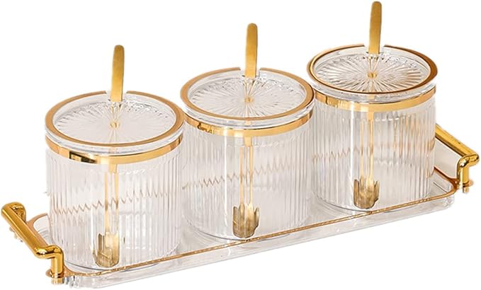 Acrylic Condiment Spice Jars and Box with Lids, Spoons, Tray - 3 Pack, Clear Plastic Canisters, Seasoning Box Set for Salt, Paprika, Sugar - Kitchen Storage-CasaMuseHome
