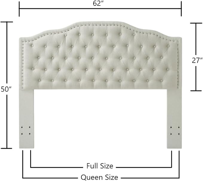 24KF Upholstered Button Tufted Queen Headboard with Nailhead Trim, Elegant Boucle Fabric Full headboard, 6031-Q-Boucle-Beige-CasaMuseHome