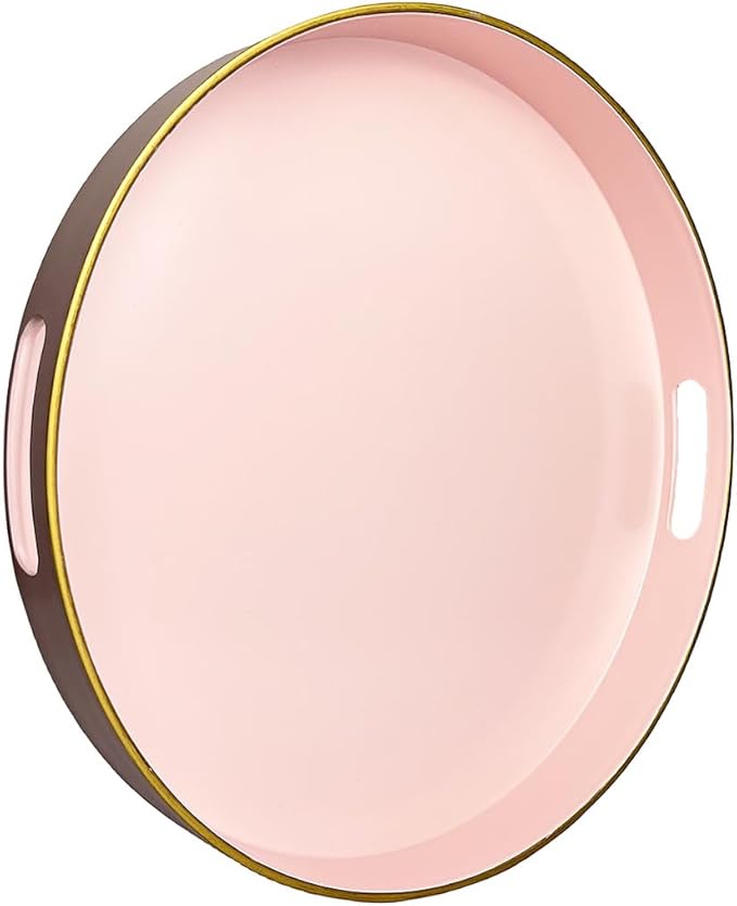 13" Pink Serving Tray with Handles,Round Decorative Tray for Coffee Table, Plastic Modern Coffee Table Tray for Ottoman, Living Room, Bathroom, Décor.-CasaMuseHome