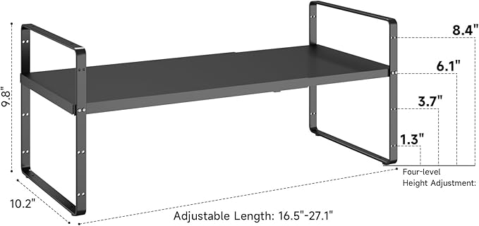 16.5~27.1" Expandable Shelf Organizer, 2Pack 10.2" Wide Stackable Cabinet Shelf Organizers, Black Metal Sturdy Kitchen Counter Storage for Countertop, Adjustable Height Spice Rack-CasaMuseHome