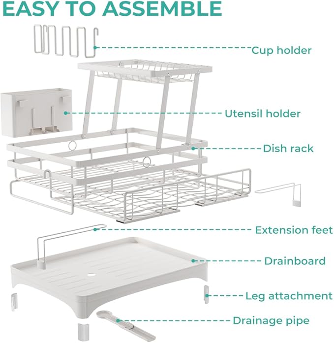 2 Tier Large Dish Drying Rack - Extendable Dish Rack, 2-in-1 Anti-Rust Stainless Steel Dishrack for Kitchen Counter and Sink, Dish Strainer with Utensil Holder & Cup Holder(White)-CasaMuseHome