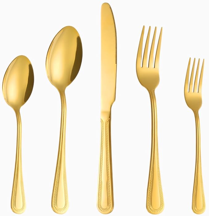 40 Pcs Gold Silverware Set for 8 with Pearled Edge Handle design, Food Grade Stainless Steel Flatware Set, Eating Utensils Sets Include Fork/Knife/Spoon, Reusable Cutlery Set, Dishwasher Safe-CasaMuseHome