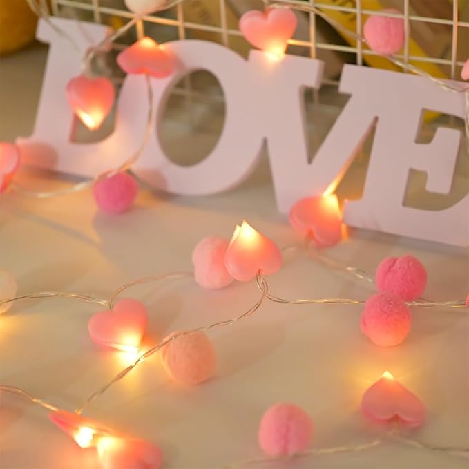 9.85Ft String Lights with 20 Pink Heart LEDs 20 Pink Pom Poms Garland Lights with Timer Valentine Decoration for Home Kid Bedroom Mother's Day Wedding Party Valentine's Day Decor-CasaMuseHome