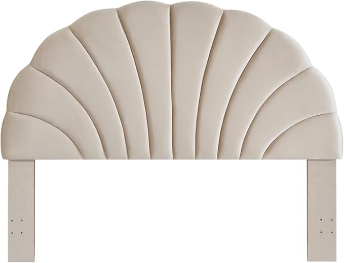 24KF Stunning Crown Design King Headboard, Upholstered Soft Velvet Petal Pattern Headboard King/CA King-Beige-CasaMuseHome