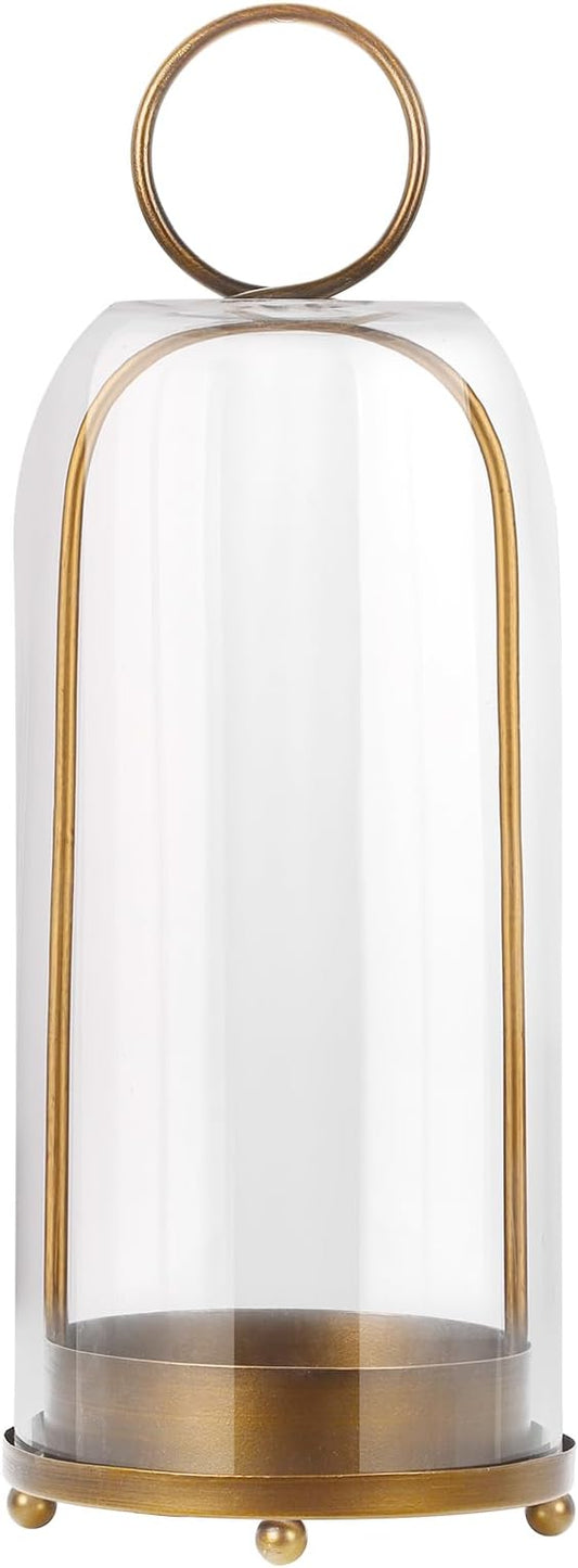 16" High Versatile Modern Metal Hurricane Lantern with Handmade Sturdy Glass Dome for Pillar Candle & Plants (Brass, 6.3"x16.5")-CasaMuseHome