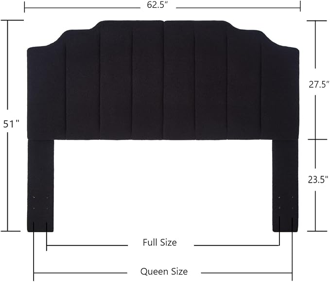 24KF Black Teddy Fabric Tufted for Queen Upholstered Headboard, Modern Vertical Channel Design Full Headboard with Stepped Silhouette Top Edge, 6026-Q-Teddy Black-CasaMuseHome