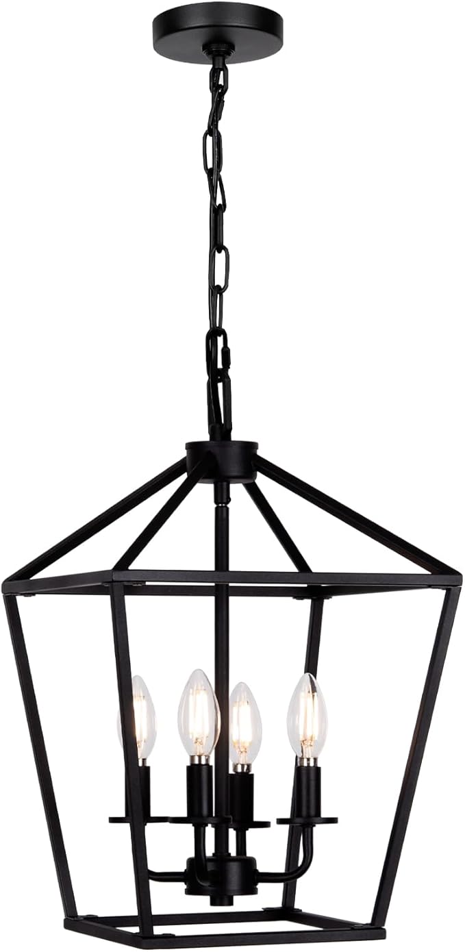 4 Light Chandelier, Industrial Ceiling Light Black Lantern Light Fixtures with Farmhouse Metal Cage Adjustable Height Rustic Geometric Hanging Light E12 Base for Kitchen Island, Entryway, Indoor-CasaMuseHome