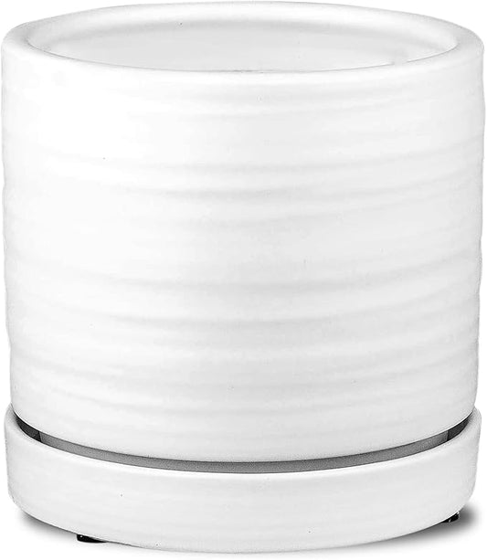 6 Inch Plant Pots, Ceramic Planter Pot with Drainage Hole & Saucer, Indoor/Outdoor Cylinder Round Planter Pot, Matte White-CasaMuseHome