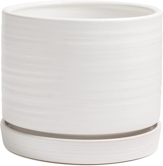 8 Inch Pots for Plants, Ceramic Planter Pot with Drainage Hole & Saucer, Indoor/Outdoor Cylinder Round Planter Pot, Matte White-CasaMuseHome