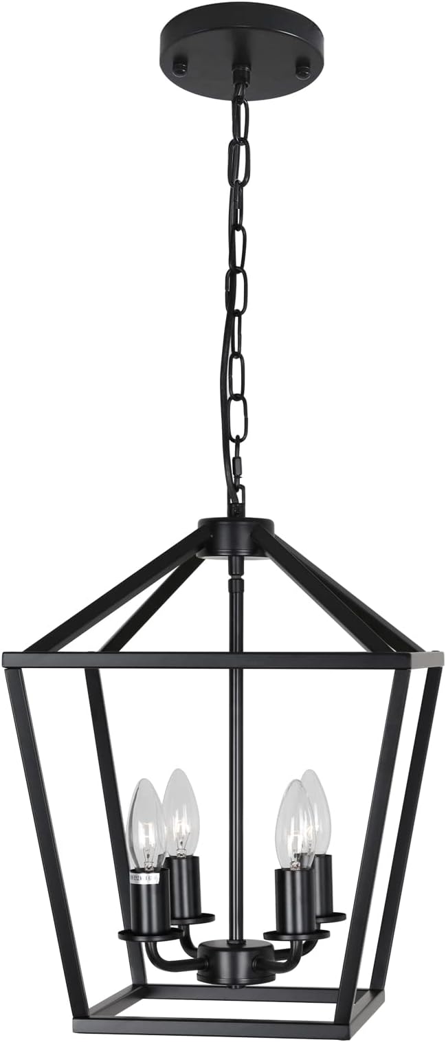 4-Light Lantern Pendant Light,Modern Industrial Black Cage Farmhouse Chandelier for Kitchen Island,12'' Rustic Metal Hanging Lighting Fixture for Dining Room Bedroom Foyer Entry Porch-CasaMuseHome