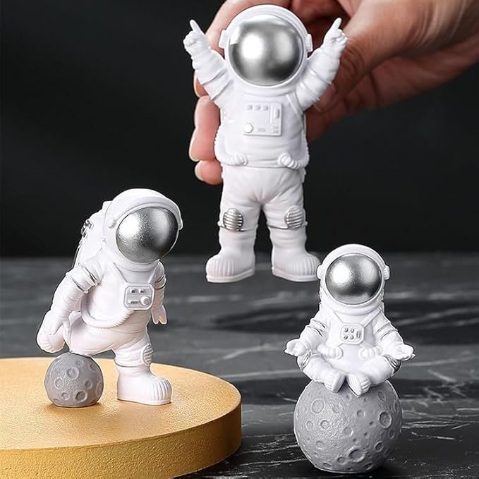 4 Pcs Silver White Astronaut Statues Set, Spaceman Sculpture Figurines Home Ornament Cake Toppers Gift-CasaMuseHome