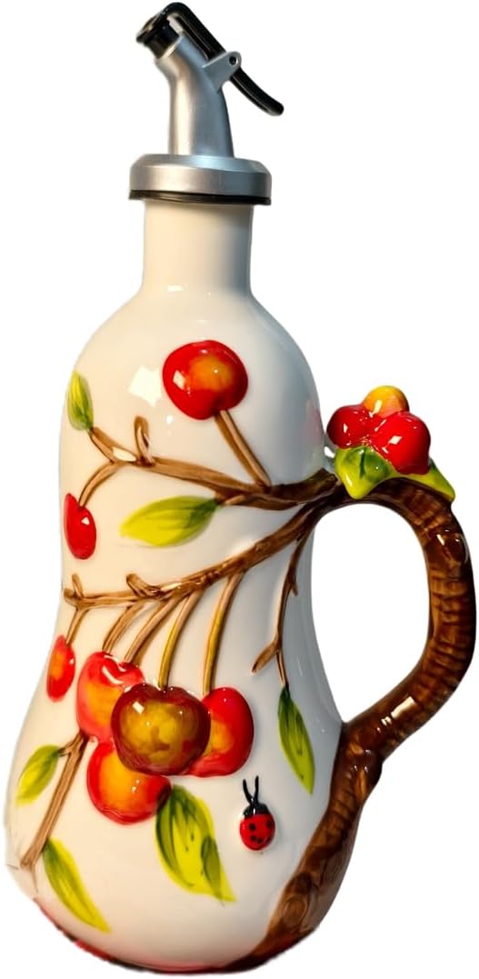 18 Oz Hand Painted Relief Ceramic Olive Oil Bottle Dispenser for Kitchen, Oil and Vinegar Bottle, Seasoning Bottle with Stainless Steel Nozzle, 540mL Oil Container with Handle for Cooking, Light Proof-CasaMuseHome