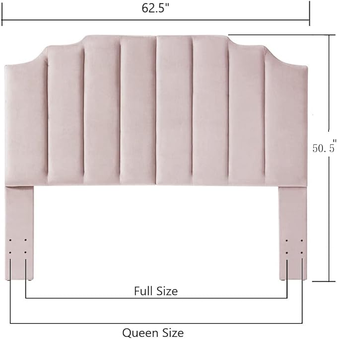 24KF Pink Velvet Tufted Queen Upholstered Headboard, Modern Vertical Channel Design California Queen/Full Headboard with Stepped Silhouette Top Edge, Pink-CasaMuseHome