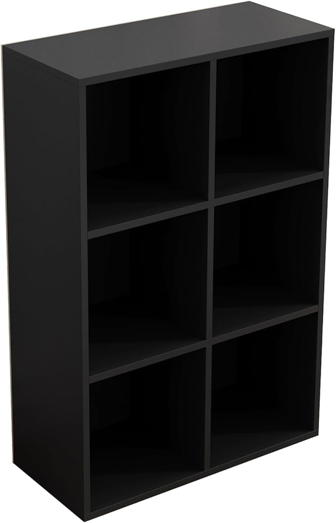 6-Cube Storage Shelf Bookcase - Wooden 3-Tier Floor Standing Open Bookshelf for Home and Office, Display Cabinet, Black-CasaMuseHome
