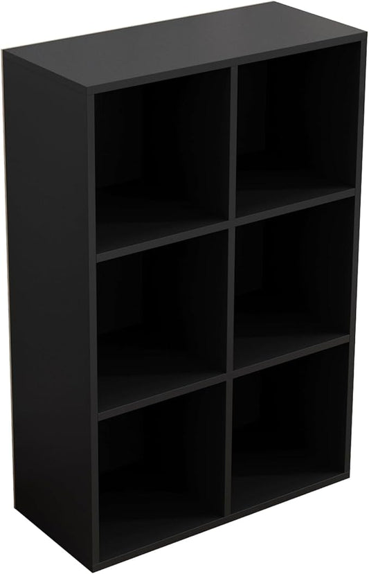 6-Cube Storage Shelf Bookcase - Wooden 3-Tier Floor Standing Open Bookshelf for Home and Office, Display Cabinet, Black-CasaMuseHome