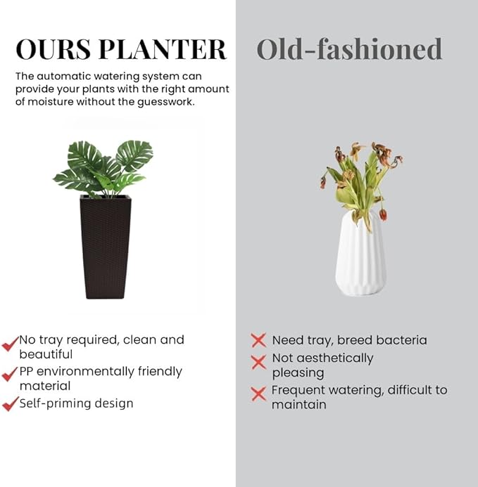 30in Tall Large Plant Pots Planter-Self-Watering Indoor/Outdoor Planting with Drain Holes, Water Level Monitor, Inner Bucket for Front Porch Patio, Brown Large-CasaMuseHome