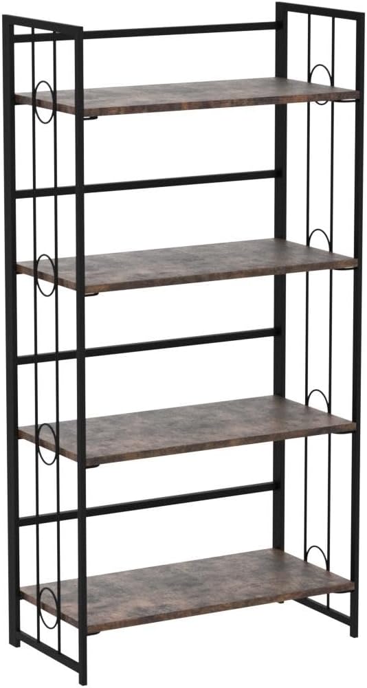 4NM No Assembly 4 Tiers Folding Bookshelf, 47.2" H Foldable Storage Shelves Vintage Bookcase Standing Racks Study Organizer Home Office - Rustic Brown Black-CasaMuseHome