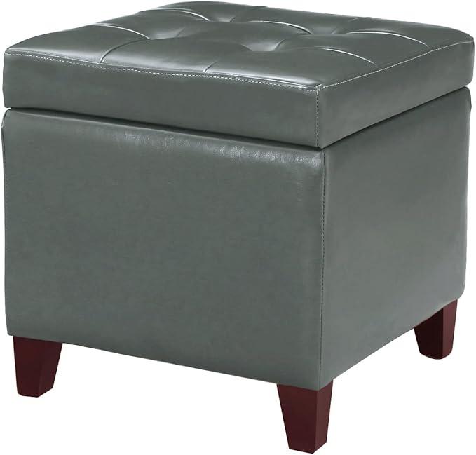 Adeco Bonded Leather Square Tufted Cubic Cube Footstool, 18" Height Storage Ottomans, with Lid, Cement Grey-CasaMuseHome